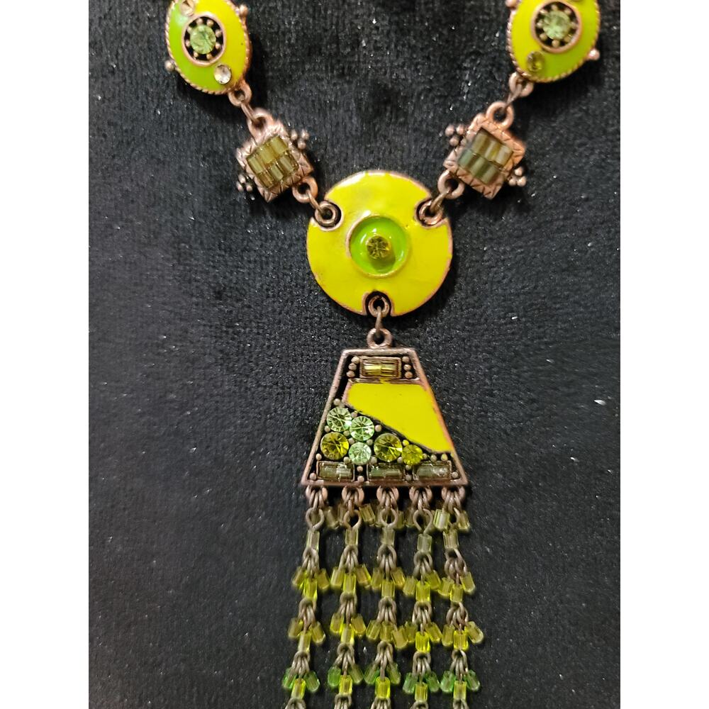 Vintage Green Rhinestone Fringe Necklace Copper Tone Boho Statement Jewelry - Picture 5 of 7